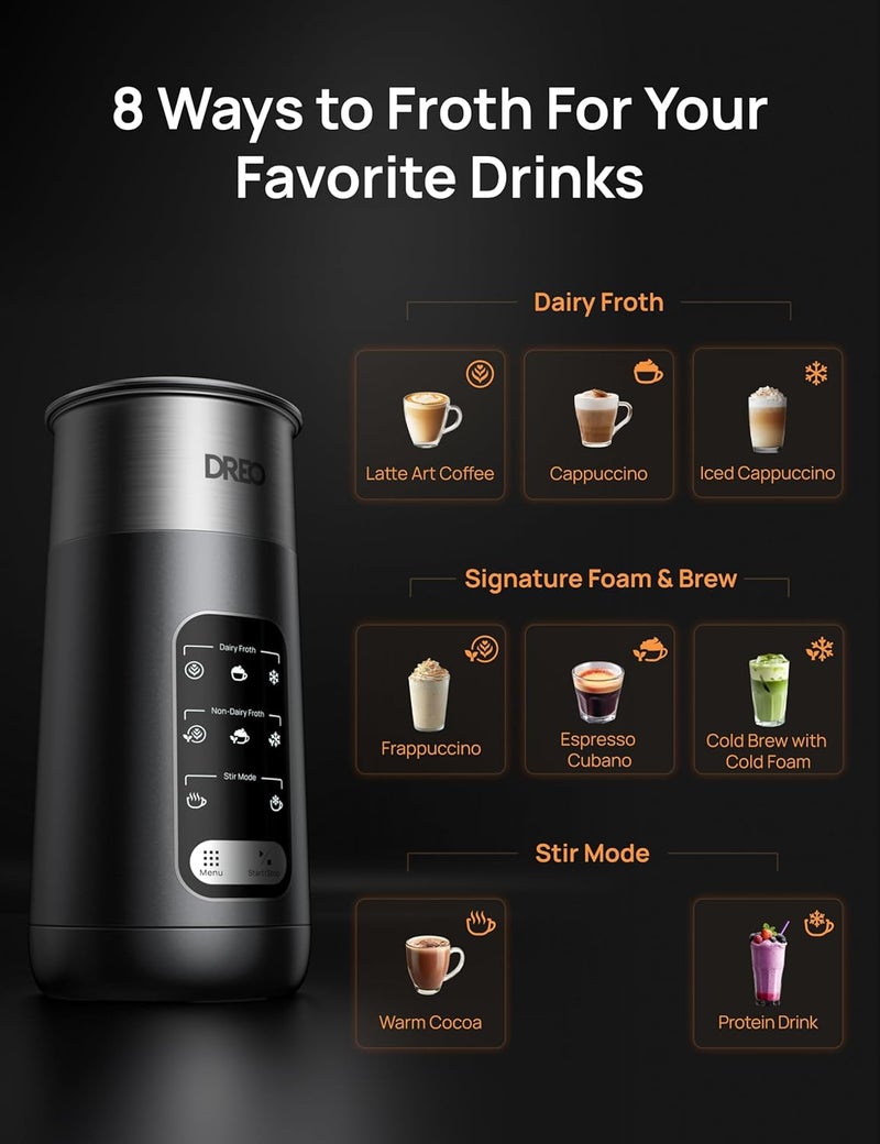 Dreo Milk Frother, 8-in-1 Electric Stainless Steel Frother for Latte Art Microfoam and Coffee, 9oz/270ml Warm and Cold Foam Automatic Frothers, LED, Easy to Clean - Image 3